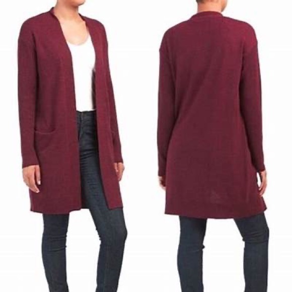Theory cranberry color cashmere Cardigan with ribbed sleeves. - Picture 1 of 9